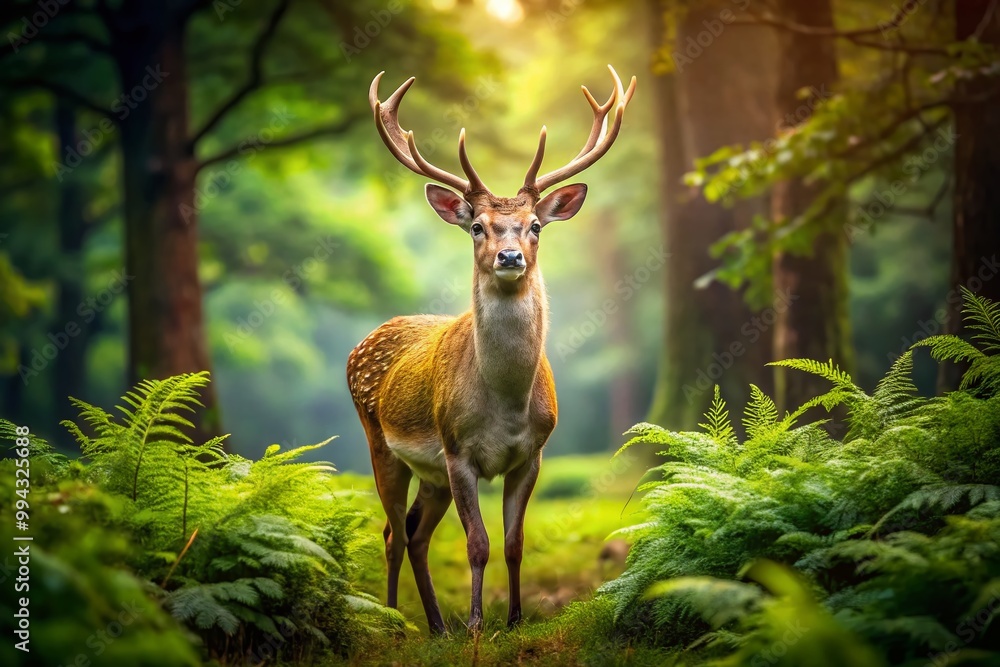 Naklejka premium Majestic Deer Standing Proudly in the Forest with Lush Greenery and Natural Light Surrounding It