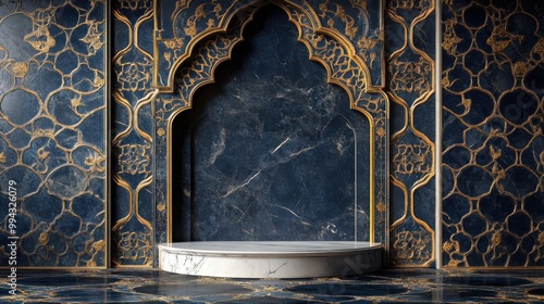 Elegant Islamic arabesque pattern with intricate details and luxurious blue and gold colors on a stone arch background