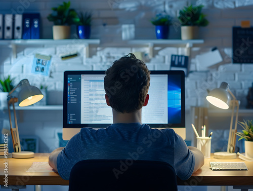 A man looking uninterested at his laptop screen in a dimly lit room. photo