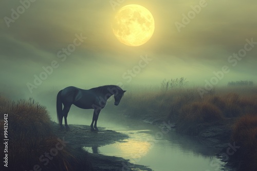 The horses are standing in a pond with a full moon behind them photo