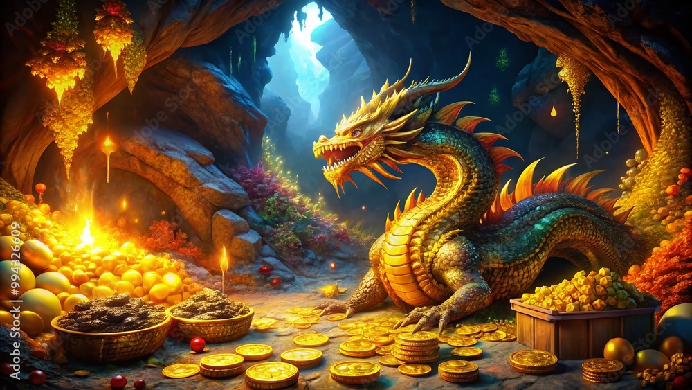 Fototapeta premium Majestic Dragon's Hoard of Glittering Gold Coins and Treasures in a Mysterious Cave Setting