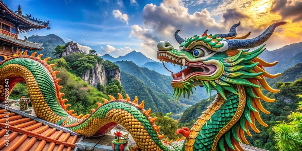 custom made wallpaper toronto digitalMajestic Dragon Sculpture in Traditional Chinese Style Surrounded by Lush Greenery and Mountains