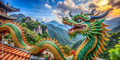 Wallpaper Mural Majestic Dragon Sculpture in Traditional Chinese Style Surrounded by Lush Greenery and Mountains Torontodigital.ca