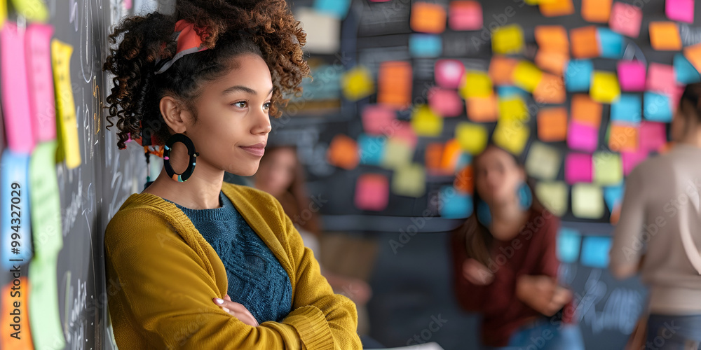Creative Young Woman Standing in Front of Colorful Idea Board Creative Young Woman Standing in Front of Colorful Idea Board