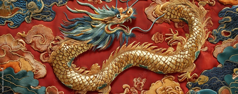 custom made wallpaper toronto digitalIntricate traditional Chinese dragon artwork on rich red tapestry, showcasing ornate embroidery and vibrant colors