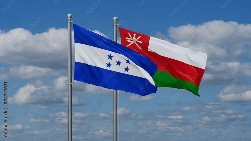 Oman and Honduras flags flying together, video concept of the relationship, two country cooperation concept Oman and Honduras flags flying together, video concept of the relationship, two country cooperation concept