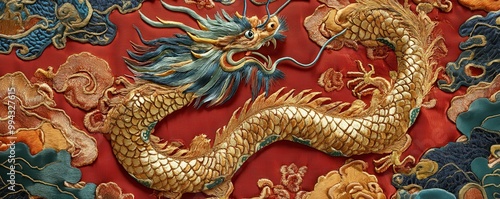 Wallpaper Mural Intricate traditional Chinese dragon artwork on rich red tapestry, showcasing ornate embroidery and vibrant colors Torontodigital.ca