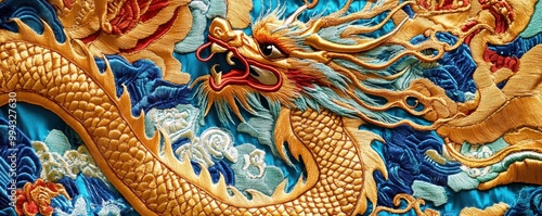 Wallpaper Mural Intricate traditional Chinese dragon embroidery in vibrant gold and blue colors, showcasing cultural artistry and exquisite attention to detail Torontodigital.ca