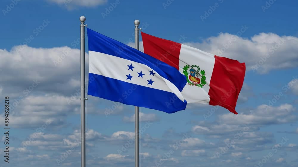 Peru and Honduras flags flying together, video concept of the relationship, two country cooperation concept Peru and Honduras flags flying together, video concept of the relationship, two country cooperation concept