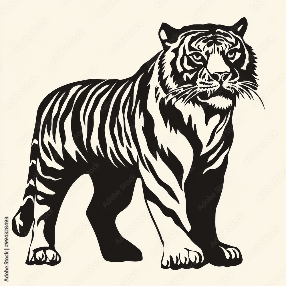 Black and white illustration of a tiger standing on a light background. Black and white illustration of a tiger standing on a light background.