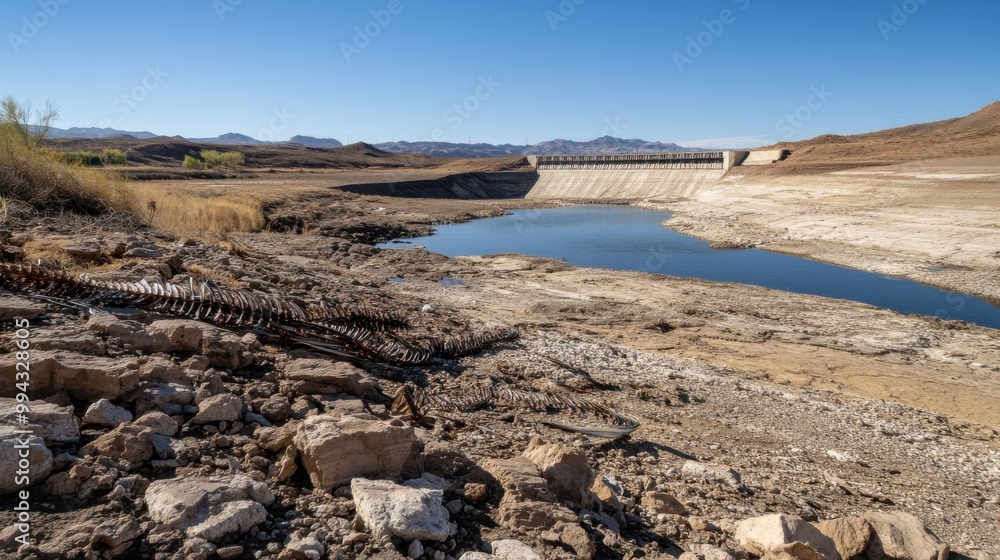 A dried-up riverbed with cracked earth and sparse vegetation showcasing arid landscape under clear blue skies in a remote desert region A dried-up riverbed with cracked earth and sparse vegetation showcasing arid landscape under clear blue skies in a remote desert region