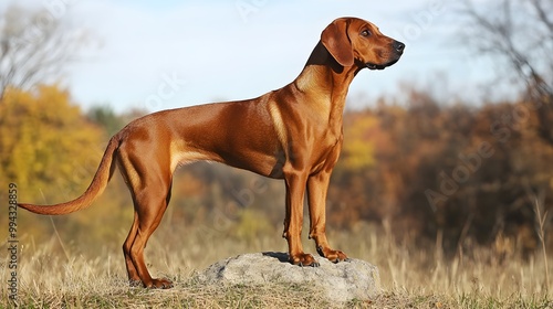 A Redbone Coonhound standing proudly on a , showcasing its sleek coat and expressive eyes photo