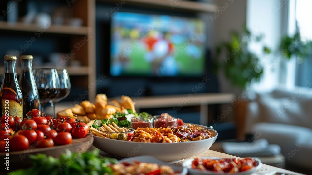 TV background and appetizer table for watching a match with pals. composition that is horizontal. frontal view. TV background and appetizer table for watching a match with pals. composition that is horizontal. frontal view.