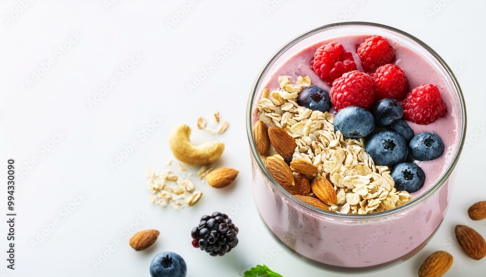 A bowl of fresh, healthy oatmeal with sweet berries and a splash of milk, a delicious and nutritious breakfast on white background A bowl of fresh, healthy oatmeal with sweet berries and a splash of milk, a delicious and nutritious breakfast on white background