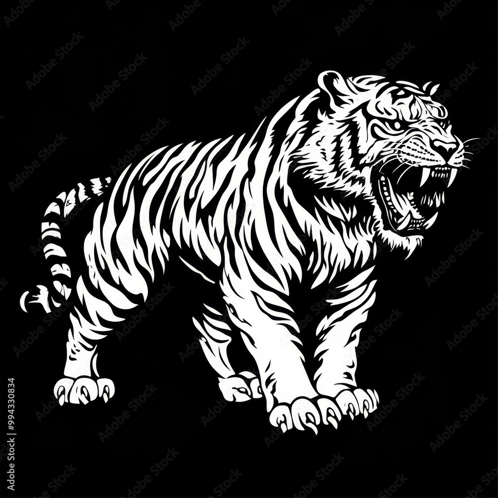 White silhouette of a roaring tiger on a black background. White silhouette of a roaring tiger on a black background.