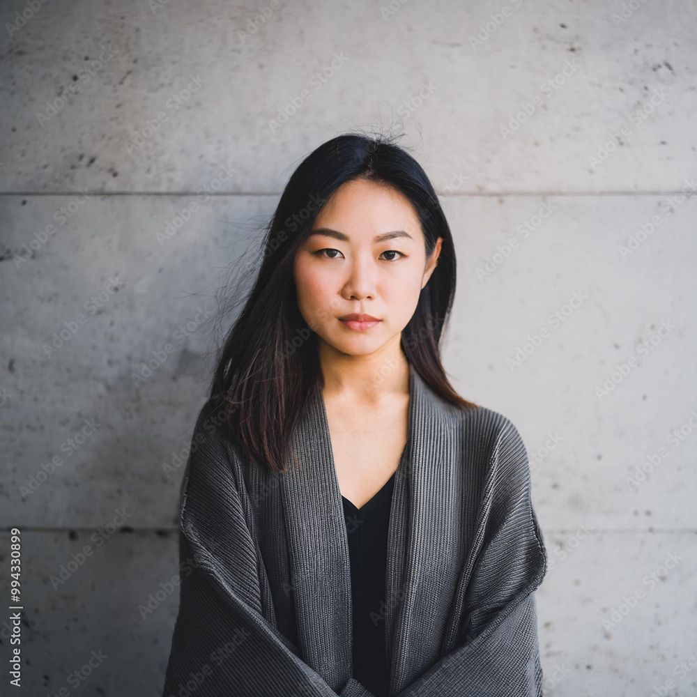 Fototapeta premium A portrait of a Japanese woman with a grey sweater standing against a concrete wall 