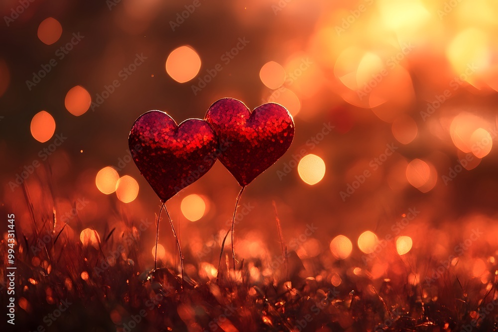 Two sparkling red hearts standing together against a warm, glowing background. Generative AI Two sparkling red hearts standing together against a warm, glowing background. Generative AI