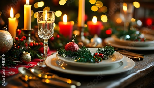 Enchanting Christmas Dinner Table Adorned with Candles and Festive Decorations