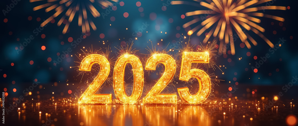 A vibrant, sparkling 2025 sign is showcased with colorful fireworks bursting in the background, creating a joyful atmosphere for New Year celebrations A vibrant, sparkling 2025 sign is showcased with colorful fireworks bursting in the background, creating a joyful atmosphere for New Year celebrations