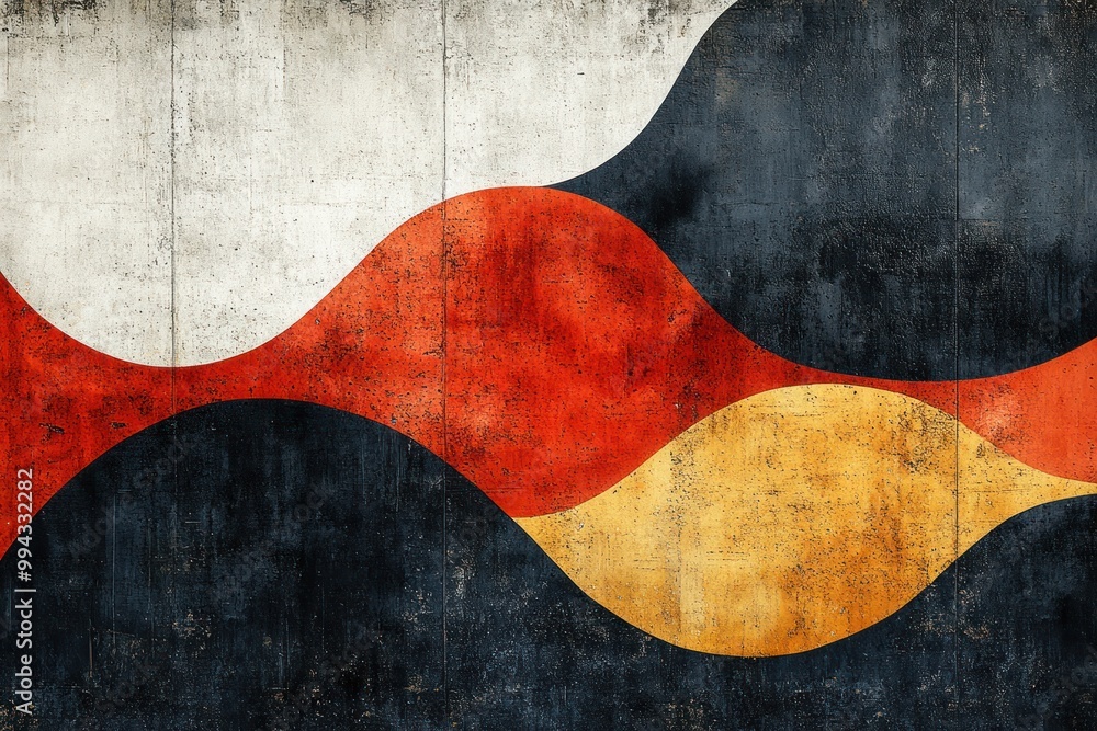 Abstract grunge background with red, white, yellow and black wavy shapes on a textured concrete wall. Abstract grunge background with red, white, yellow and black wavy shapes on a textured concrete wall.
