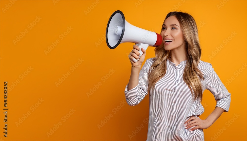 Woman shouting into megaphone, loudly announcing message to people Woman shouting into megaphone, loudly announcing message to people