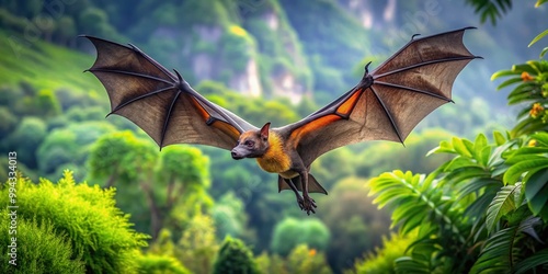 Majestic Gray Headed Flying Fox Gliding Through a Lush Green Forest in Bright Natural Light photo