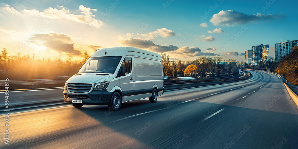 Fototapeta premium White modern delivery small shipment cargo courier van moving fast on motorway road to city