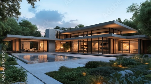 3D rendering of modern flat roof house with parking, pool, and concrete facade in beautiful landscaped surroundings. Clear summer evening with warm light from windows.