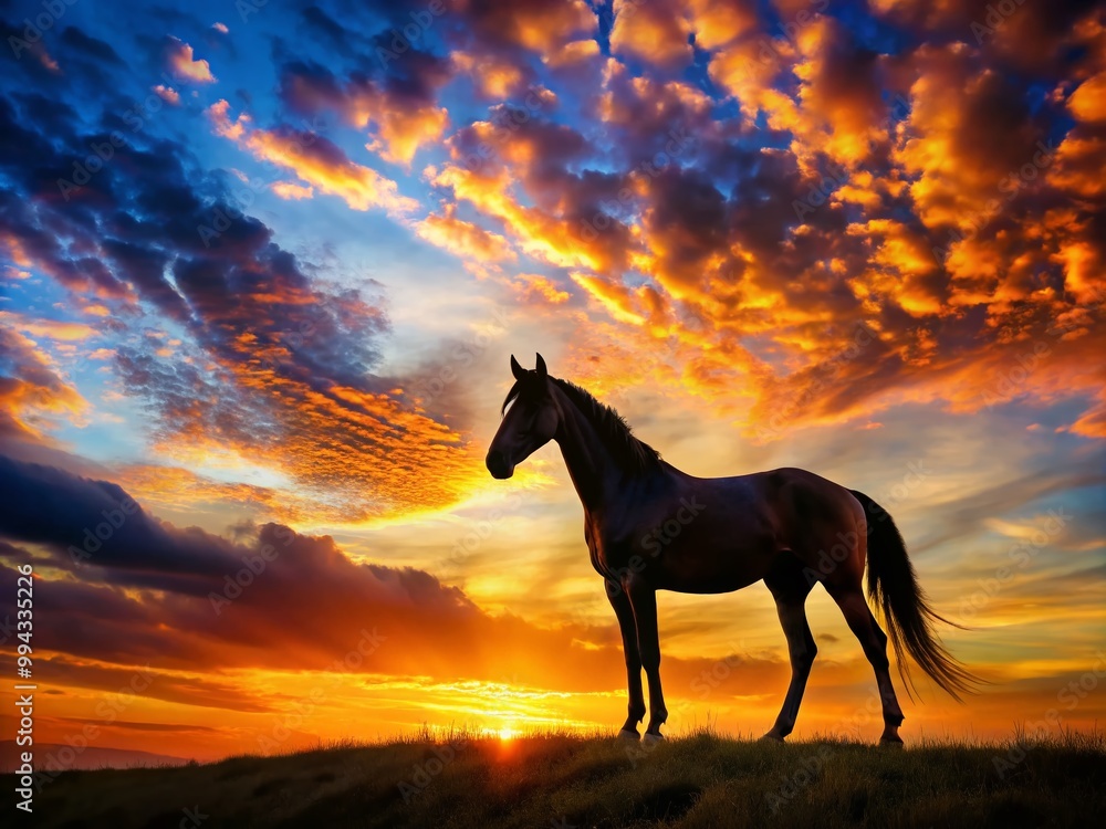 Majestic Horse Silhouette Against a Vibrant Sunset Sky with Colorful Cloud Patterns and Warm Tones Majestic Horse Silhouette Against a Vibrant Sunset Sky with Colorful Cloud Patterns and Warm Tones