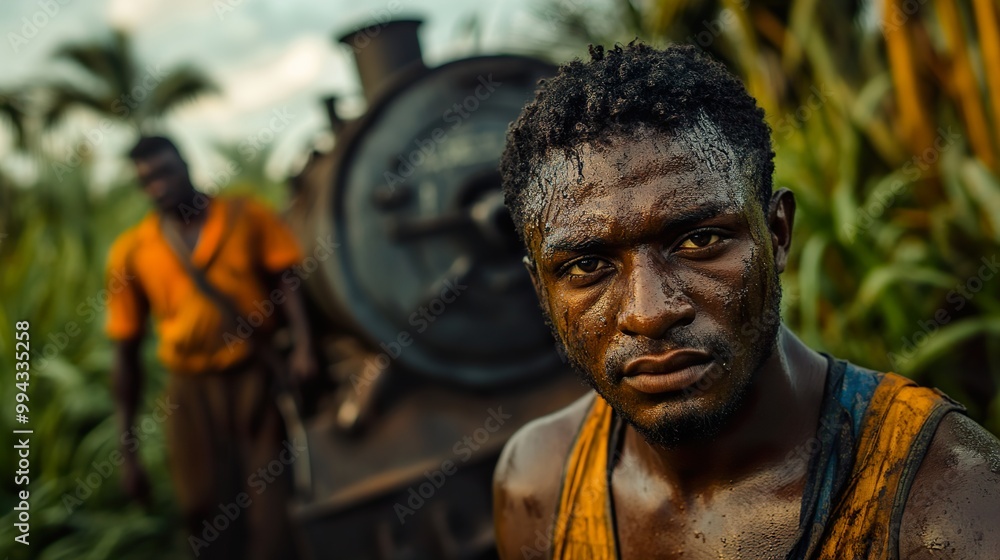 Close-up Portrait of a Sweaty Worker in a Tropical Setting Close-up Portrait of a Sweaty Worker in a Tropical Setting