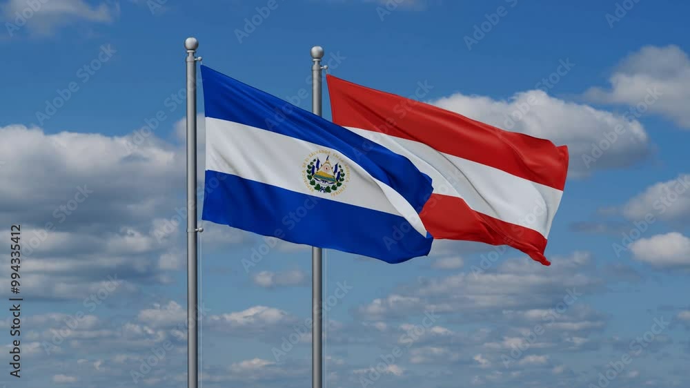 Austria and Salvador flags flying together, video concept of the relationship, two country relations concept Austria and Salvador flags flying together, video concept of the relationship, two country relations concept