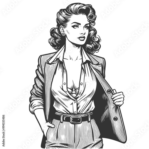 woman in suit and open shirt, businesswoman empowerment and style sketch engraving generative ai fictional character vector illustration. Scratch board imitation. Black and white image.