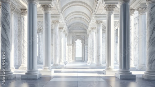 3D representation of imposing, classic marble columns arranged in varied architectural styles