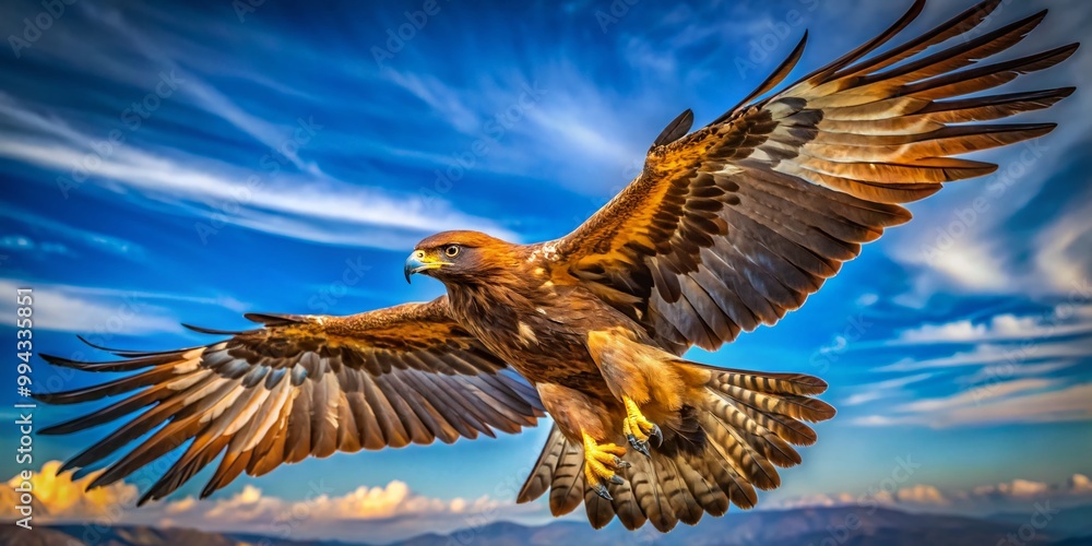 Fototapeta premium Majestic Japanese Golden Eagle in Flight Against a Clear Blue Sky Capturing Nature's Beauty