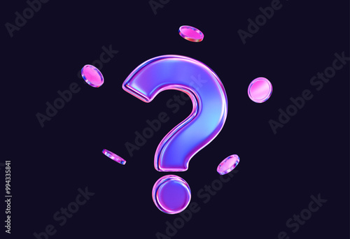 3d holographic or neon question mark icon with flying coins. Faq problem solution symbol. Stock vector illustration on blue isolated background.