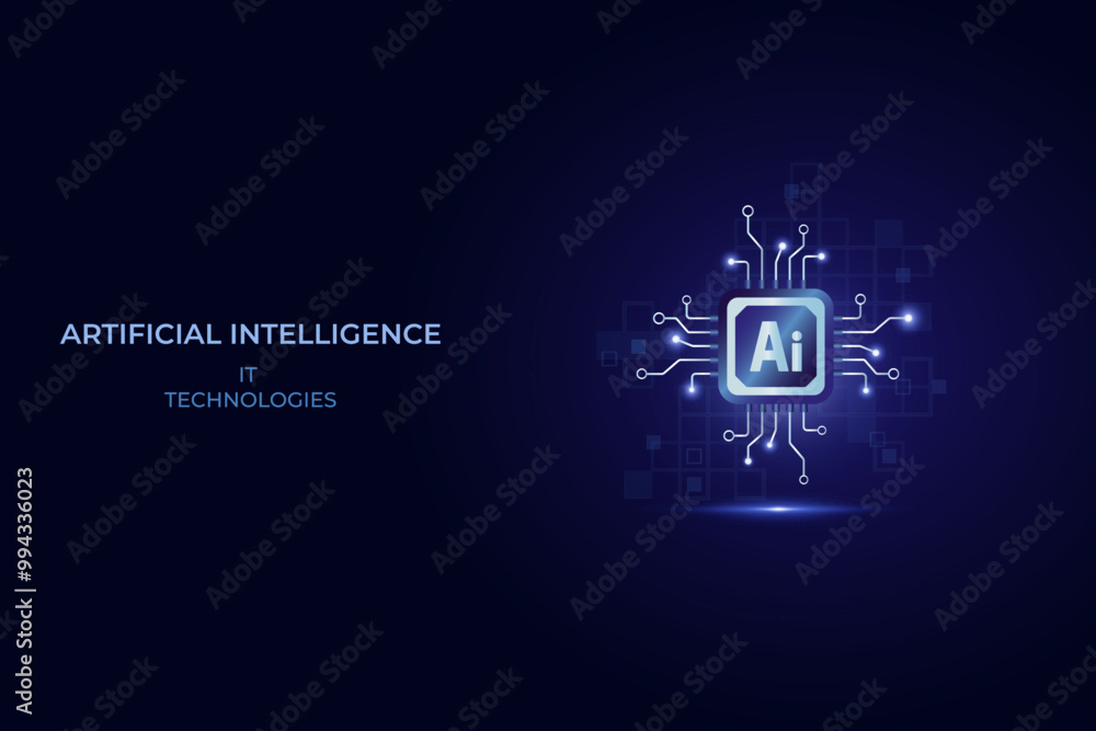 Naklejka premium Electronic circuit chip processor, Smart technology artificial intelligence AI, Vector illustration icon gradient blue. Banner IT technology artificial intelligence.