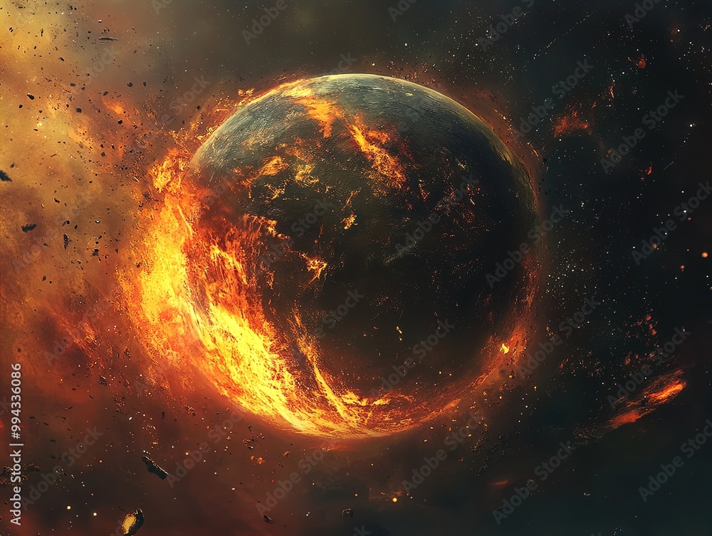 Fototapeta premium Vibrant Planet on Fire: A Stunning Cosmic Poster Featuring Detailed Continents, Stormy Atmosphere, and Shining Stars, Perfect for Sporty Interiors and Adventurous Spaces!