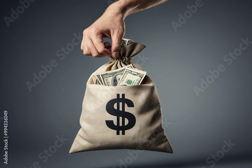 Hand holding a bag of money with a dollar sign, financial deal 3D Illustration