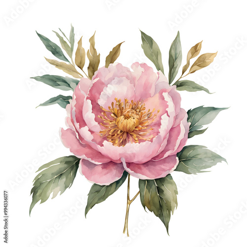 White-pink peony with gold Watercolor vector. Botanical flower on an isolated white background for your design, vector peony, pink peony