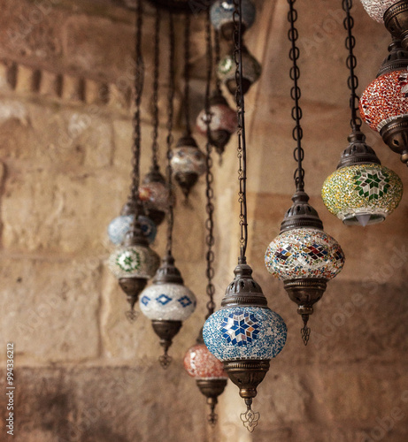 Colorful ornamented lamps in Turkish or Oriental style.