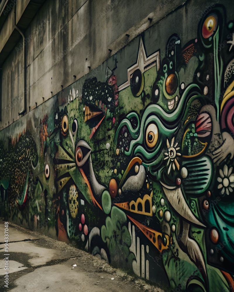 Obraz premium Abstract Graffiti Art on Concrete Wall Showcasing Vibrant Colors, Urban Creativity, and Modern Street Culture