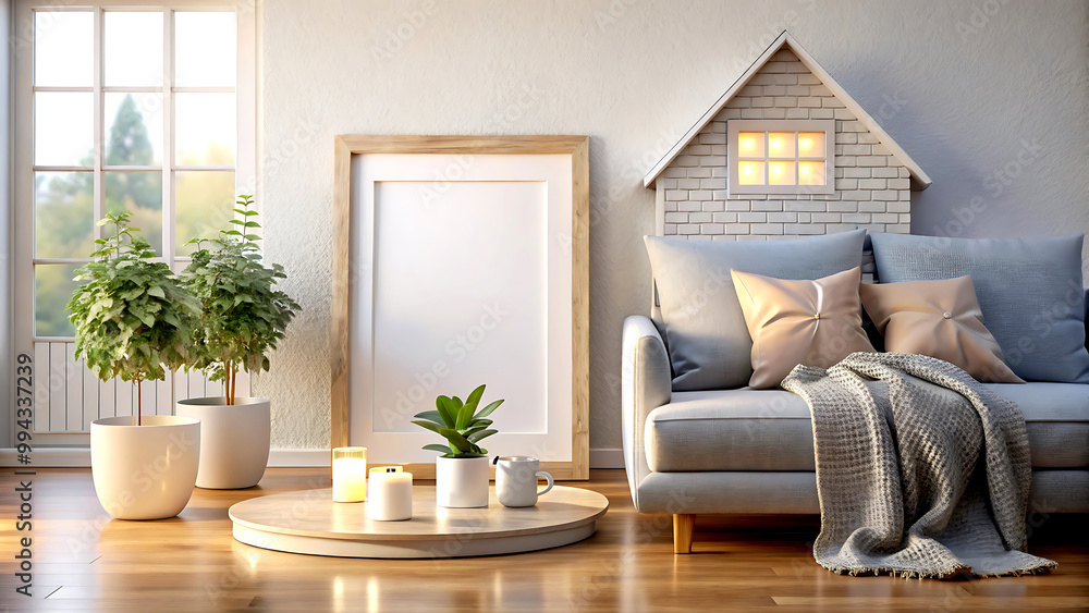 Fototapeta premium Home mockup, cozy interior background, 3d render, white Mock up frame