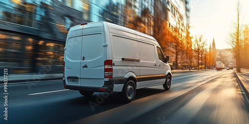 Fototapeta Naklejka Na Ścianę i Meble -  White modern delivery small shipment cargo courier van moving fast on motorway road to city