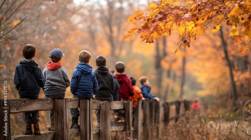 Young boys gather on a fence during autumn, as children play nearby. Despite the cold, the boys remain cheerful, enjoying the crisp fall air. Young boys gather on a fence during autumn, as children play nearby. Despite the cold, the boys remain cheerful, enjoying the crisp fall air.