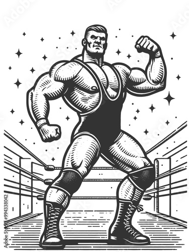muscular wrestler, strongman pose in boxing ring, showcasing strength and power. sketch engraving generative ai fictional character vector illustration. Scratch board imitation. Black and white image.
