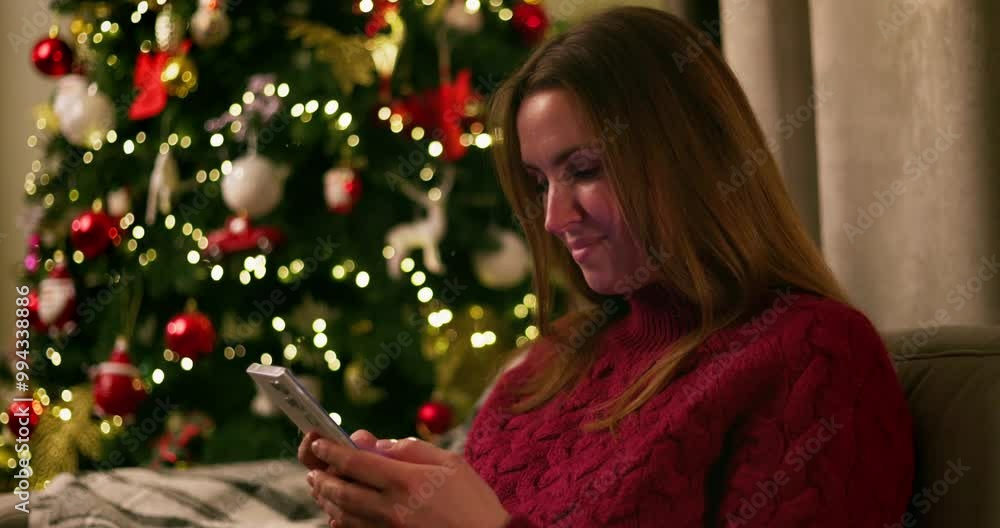 Woman using smartphone with decorated Christmas tree in the background Woman using smartphone with decorated Christmas tree in the background