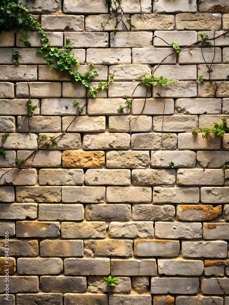 Obraz premium Textured Brick Wall with Green Plants Representing Urban Nature, Minimalism, and Sustainability