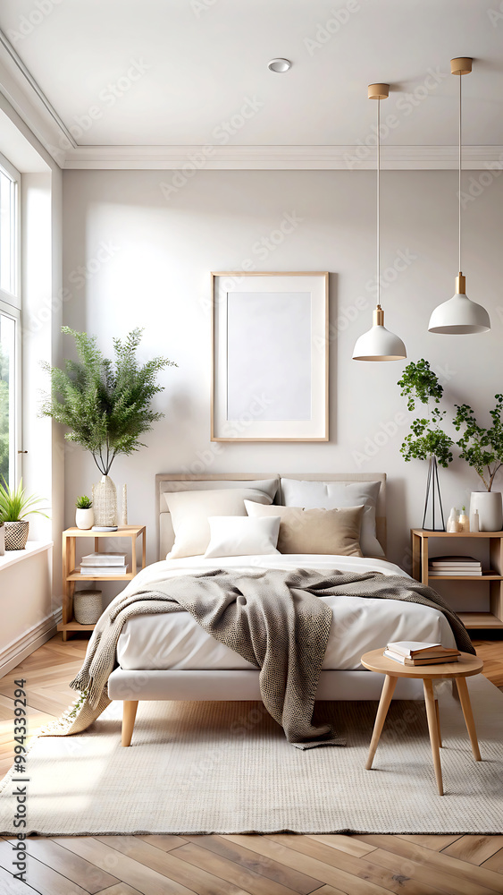 Fototapeta premium Home mockup, cozy Scandinavian bedroom interior, 3d render, white Mock up frame