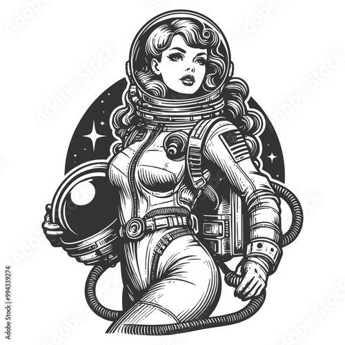 female astronaut in a spacesuit, seated in outer space with planets and stars sketch engraving generative ai fictional character vector illustration. Scratch board imitation. Black and white image.