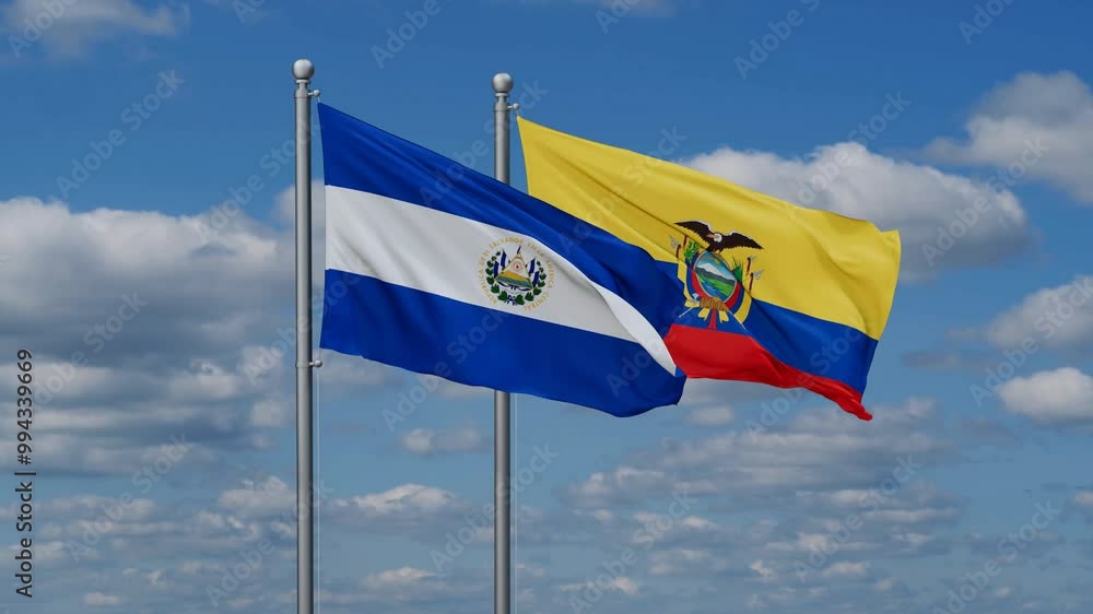 Ecuador and Salvador flags flying together, video concept of the relationship, two country relations concept Ecuador and Salvador flags flying together, video concept of the relationship, two country relations concept